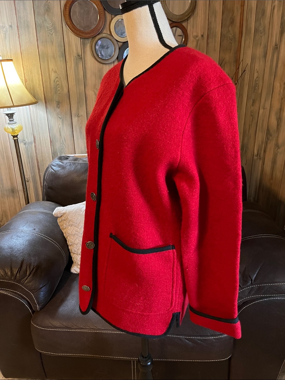 Vintage Talley-Ho Red Ornamental Botton Up Women Wool Sweater Cardigan Red/Black - Picture 4 of 9